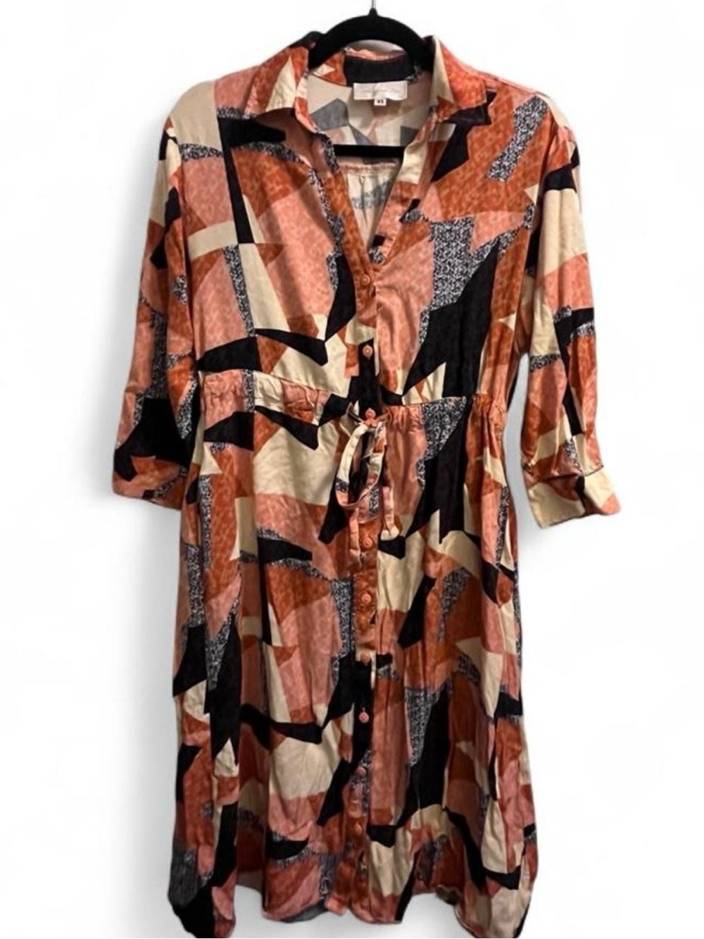 Abstract Print Button-Front Midi Dress in Rust and Cream